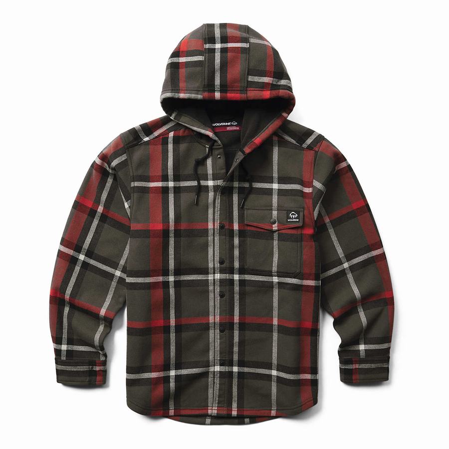 Wolverine Bucksaw Hooded Flannel Shirt Big & Tall Erkek Mont Kırmızı | GGV2029YT