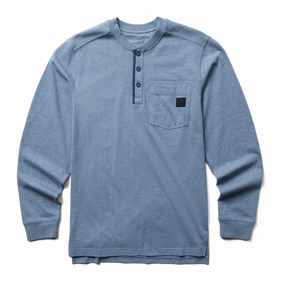 Wolverine Guardian Cotton™ Long Sleeve Henley Erkek Tişört Mavi | CNG4553RY